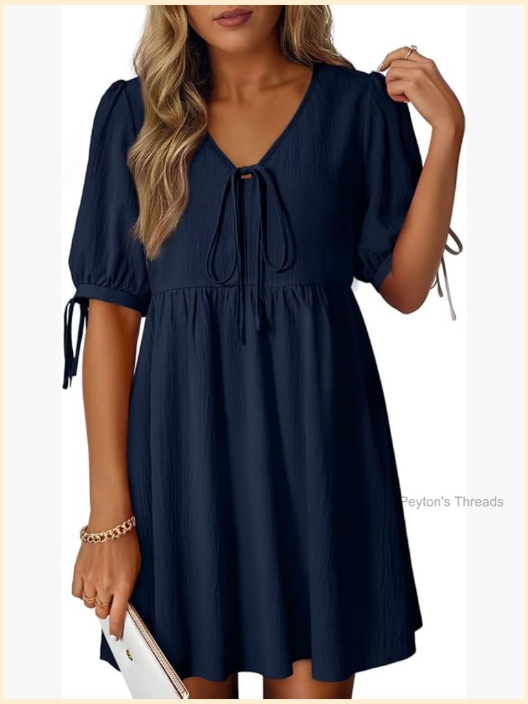 Casual V Neck Bow Tie Short Sleeve Empire Waist A-Line Mini Dress